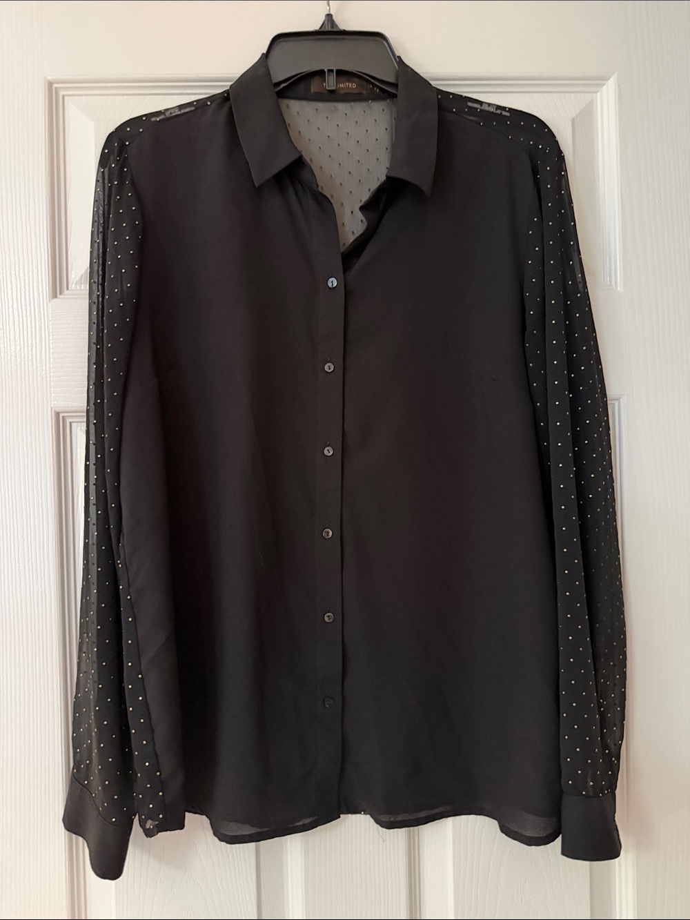 Limited Brand Black Button-Up Shirt with Sheer Polka-Dot Sleeves